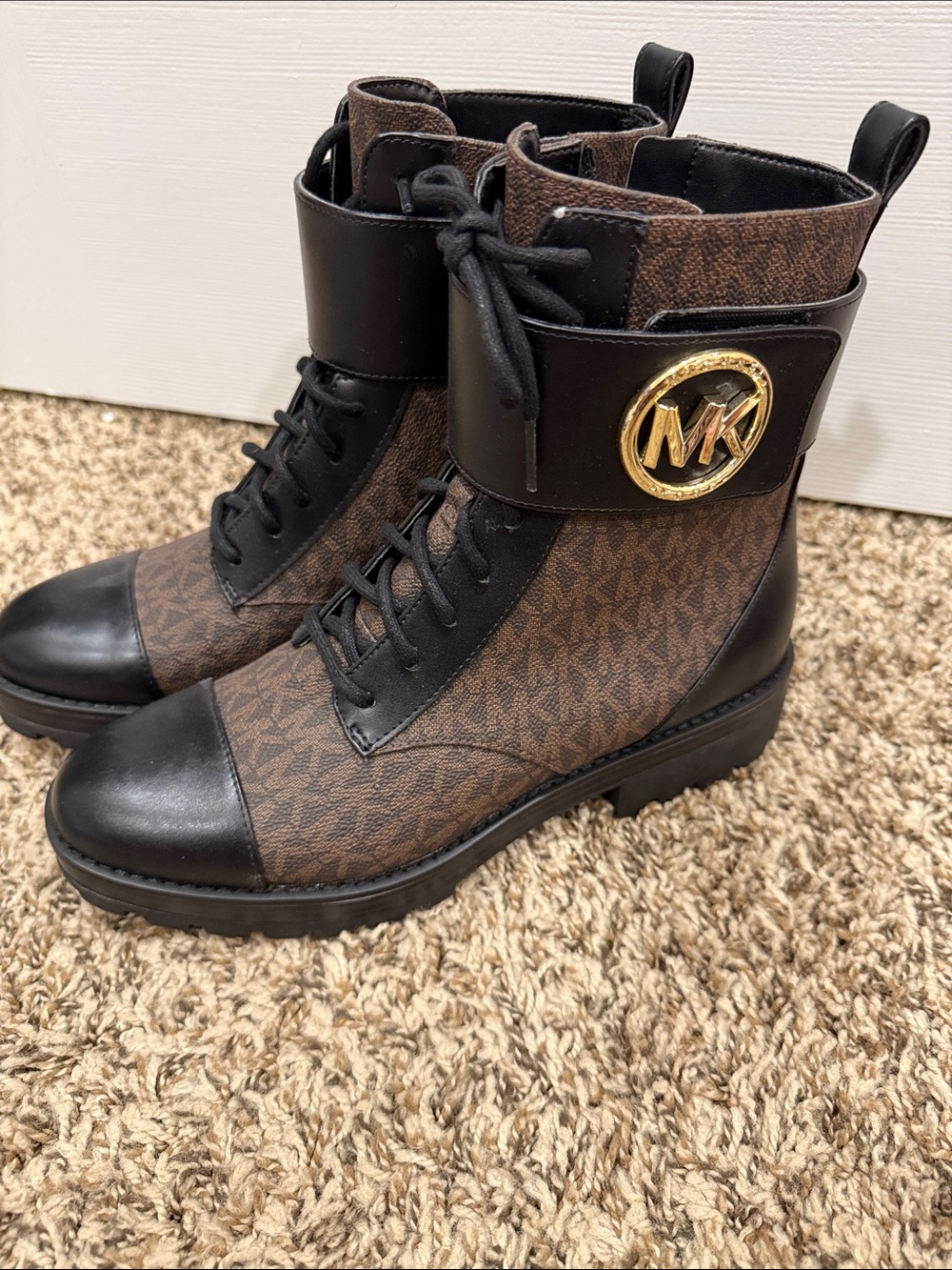 Michael Kors Brown Signature Logo Combat Boots with Black Leather Trim